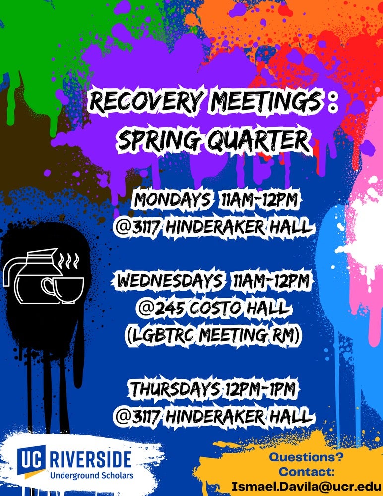 Mondays and Thursdays 11-12 at 3117 Hinderaker and Wednesday 11-12 LGBTRC Meeting Room at 245 Costo Hall