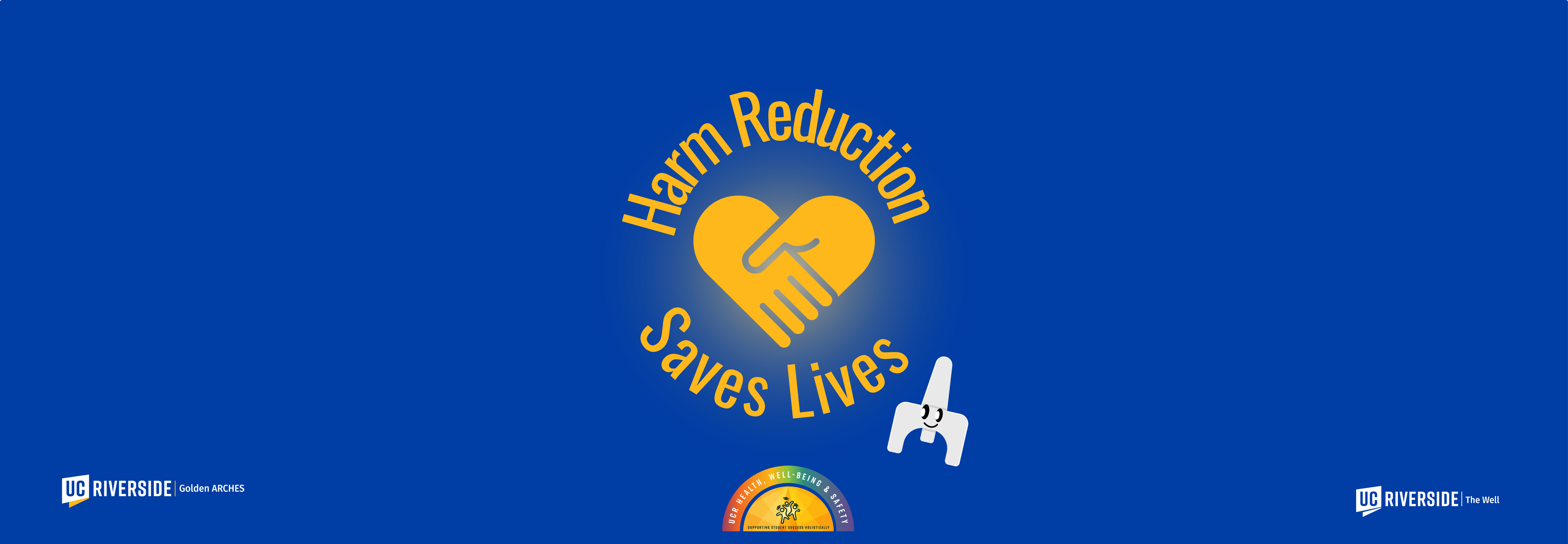 Harm Reduction Saves Lives around two hands holding each other. Graphic of a NARCAN nasal spray with a smiley face