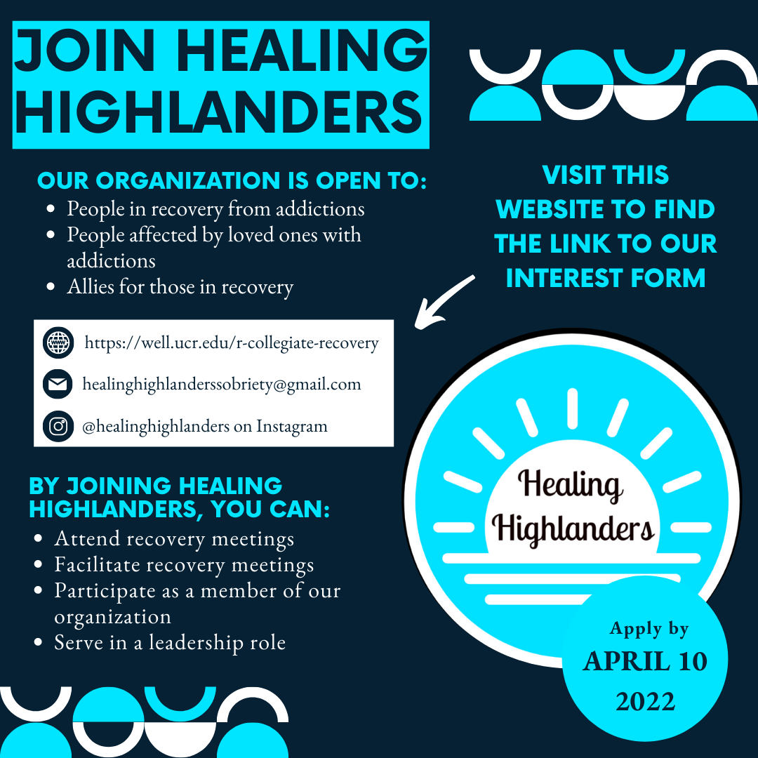 Join Healing Highlanders. Our organization is open to people in recovery from addictions, people affected by loved one with addictions, allies for those in recovery. By joining you can attend recovery meetings, facilitate recovery meetings, participate as a member of our organization, and/or serve in a leadership role. Apply by April 10 2022. 