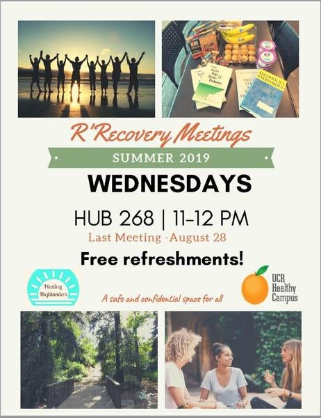 flyer providing information about student recovery meetings. People holding hands at the beach. Photo showing a table with AA books, bananas, granola bars, muffins. photo of bridge in a forest. Photo of 3 students sitting on the floor talking.