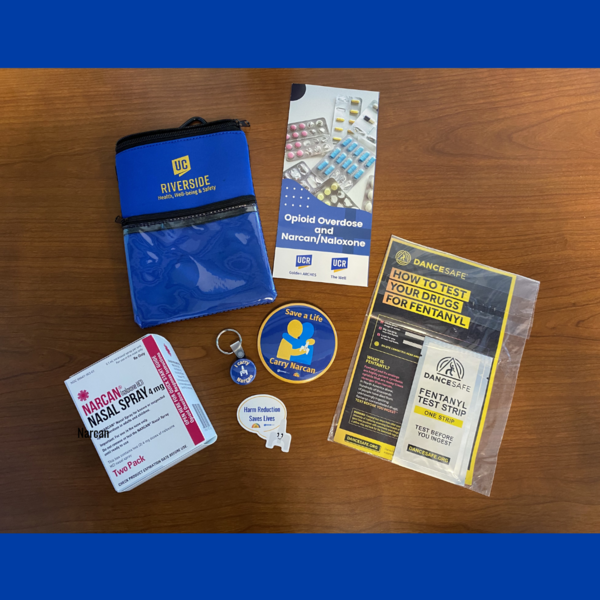 reusable bag, Narcan box, fentanyl test strips, pamphlet, pins, sticker