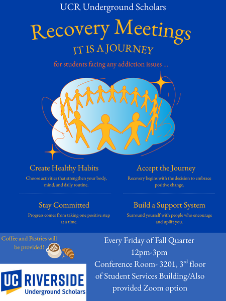 Recovery Meetings available from 12pm-3pm in Conference Room 3201, 3rd floor or The Student Services Building above the Highlander One Stop Shop.